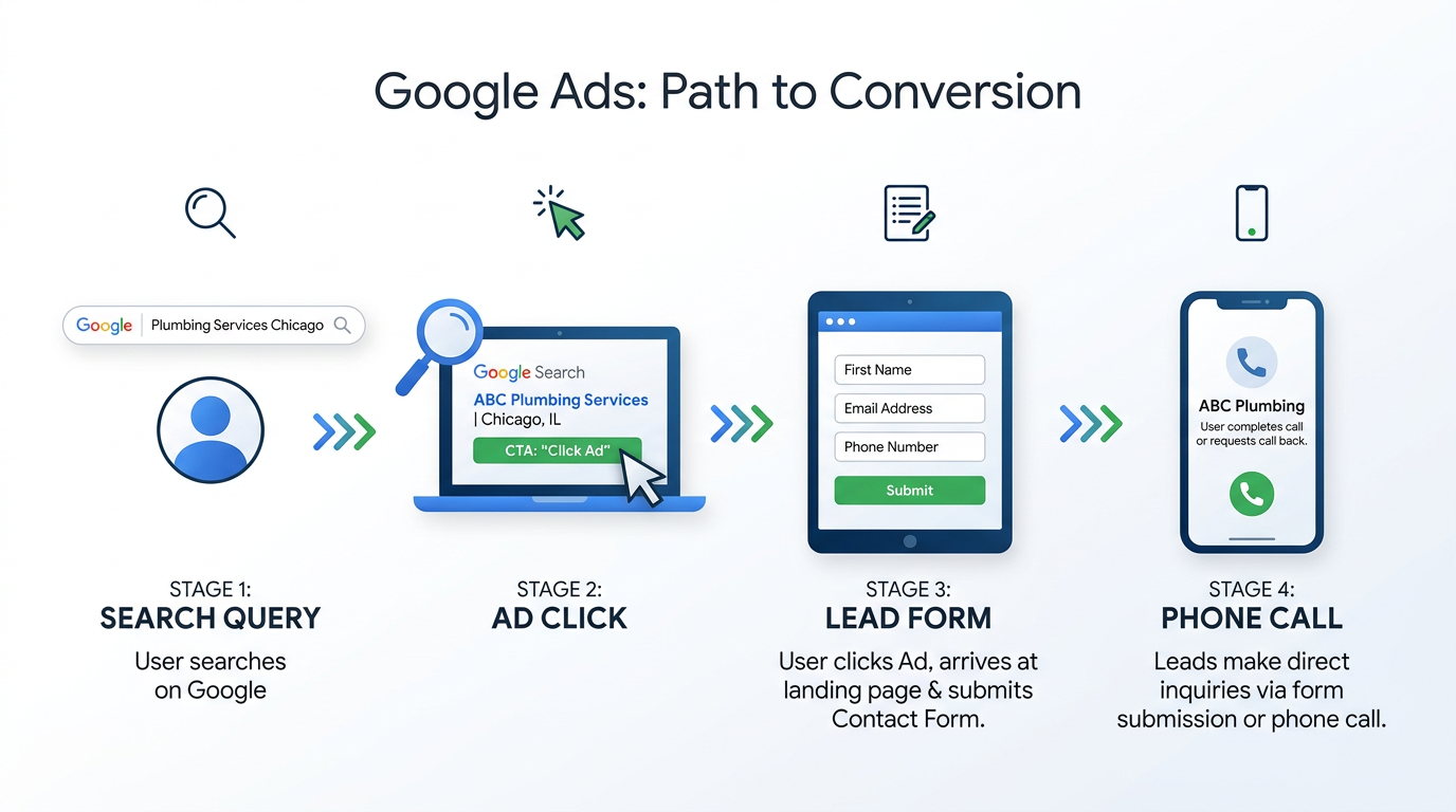 A modern infographic-style visual showing a simple Google Ads funnel from search query to ad click to lead form and phone ...