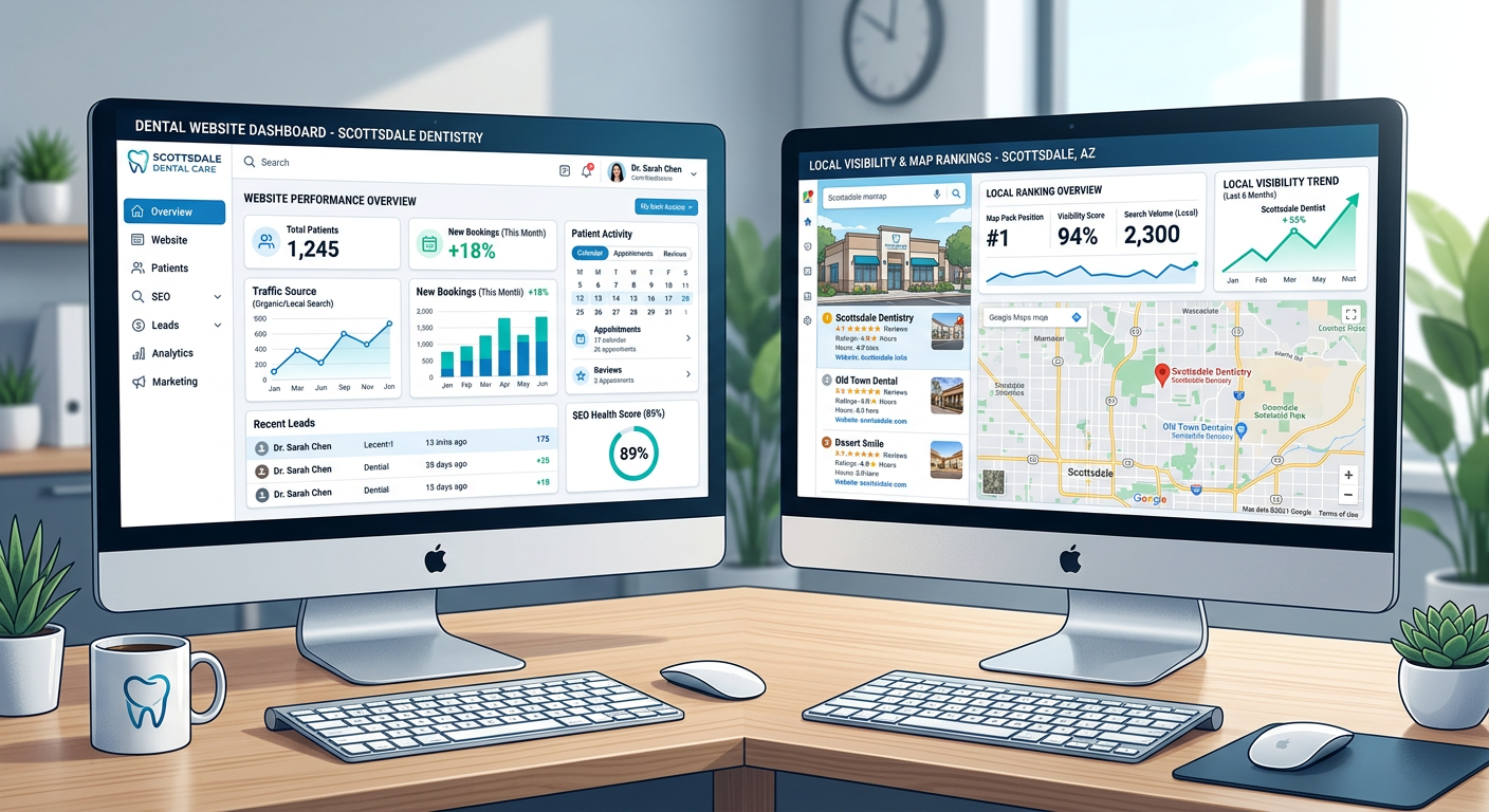 Modern illustrative scene showing a Scottsdale dental website dashboard on one side and a map pack with rising local visib...