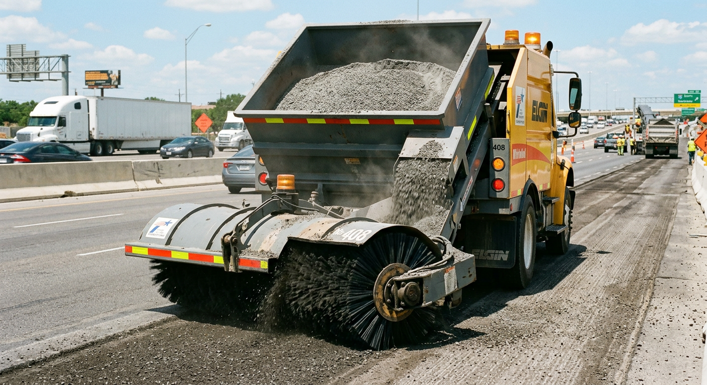 Detailed photorealistic in-content image of a mechanical broom sweeper collecting asphalt millings on a multi-lane Texas r...