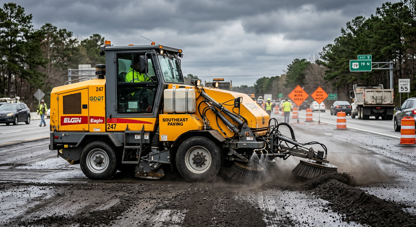 High-detail side view of a mechanical broom street sweeper clearing fresh asphalt millings on a multi-lane Georgia roadway...