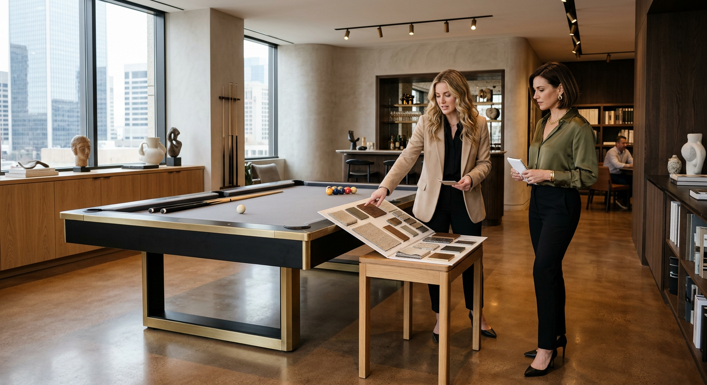 Interior designer presenting finish samples beside a sleek cantilever pool table in a high-end showroom, photorealistic st...