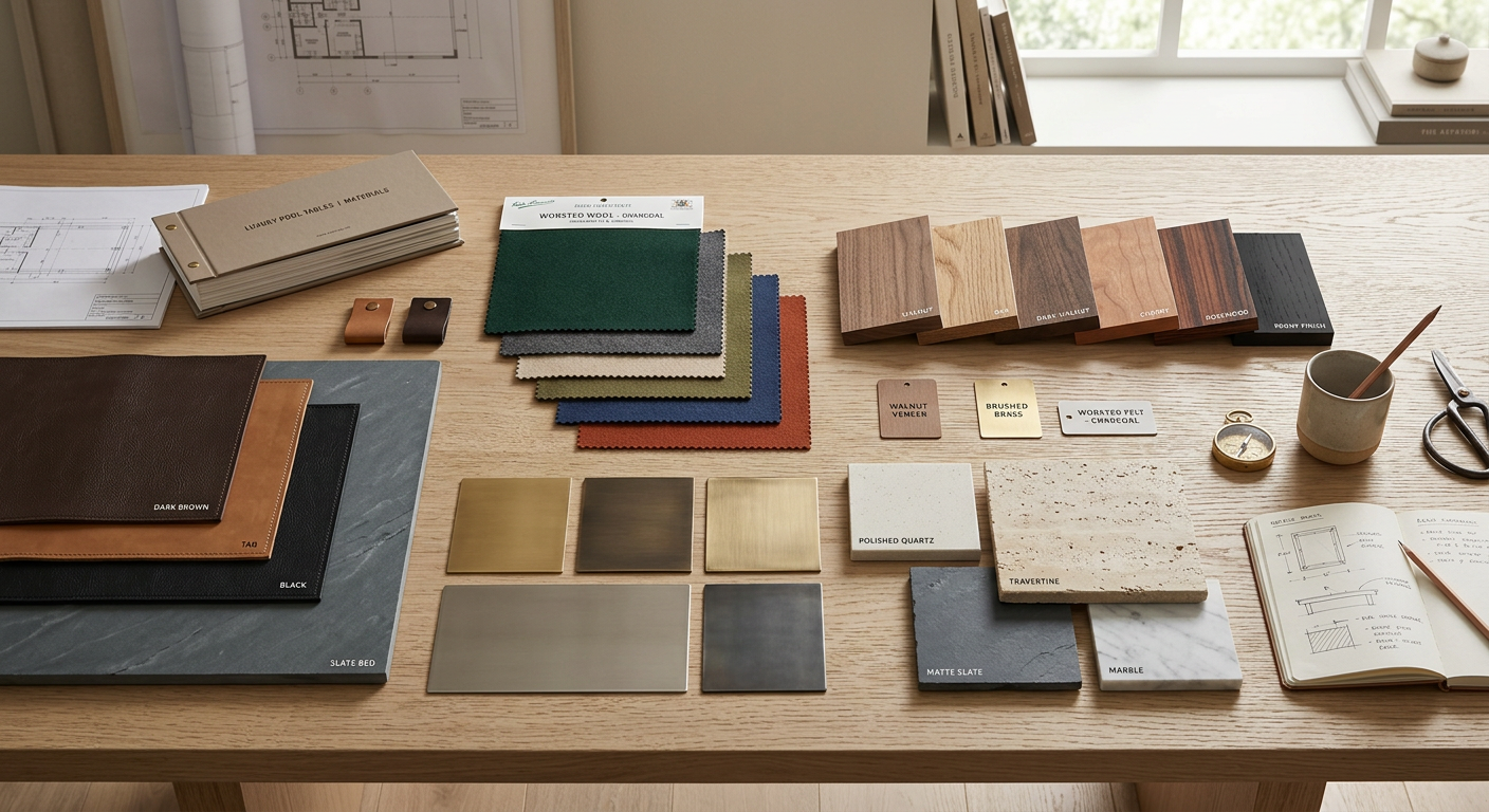 Interior design mood board style scene showing premium pool table material samples, wood veneers, metal finishes, fabric s...