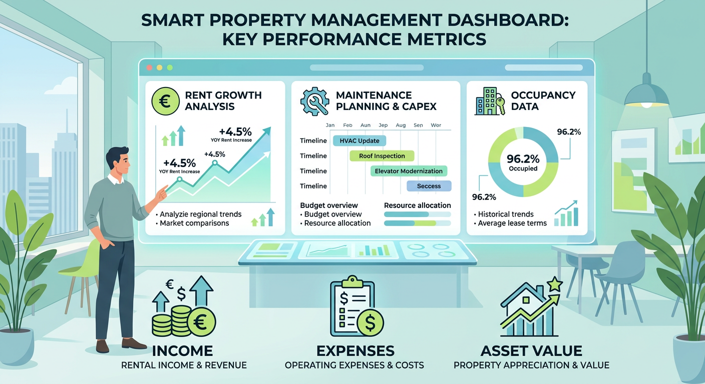 Modern infographic-style scene showing a property manager analyzing rent growth, maintenance planning, and occupancy data ...
