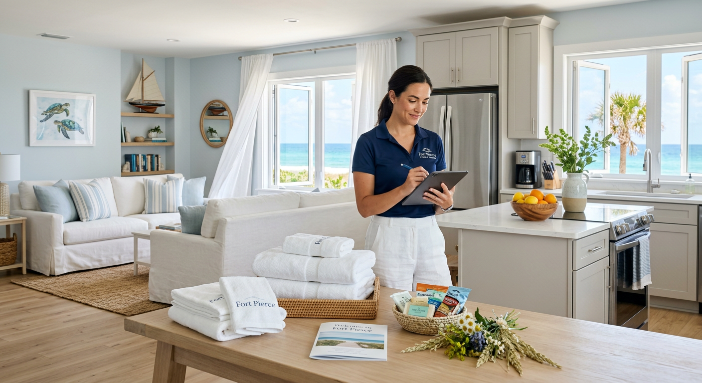 Modern photorealistic interior scene of a bright Fort Pierce beach house being prepared for guests, fresh linens, open win...