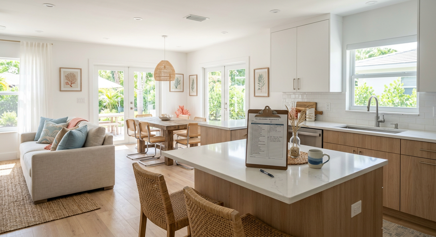 Modern photorealistic interior of a Lake Worth Beach home with bright natural light, open kitchen, inspection clipboard on...