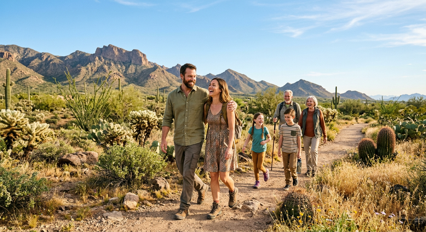 Photorealistic in-content image of a couple and family enjoying an outdoor Scottsdale trail with desert vegetation, distan...