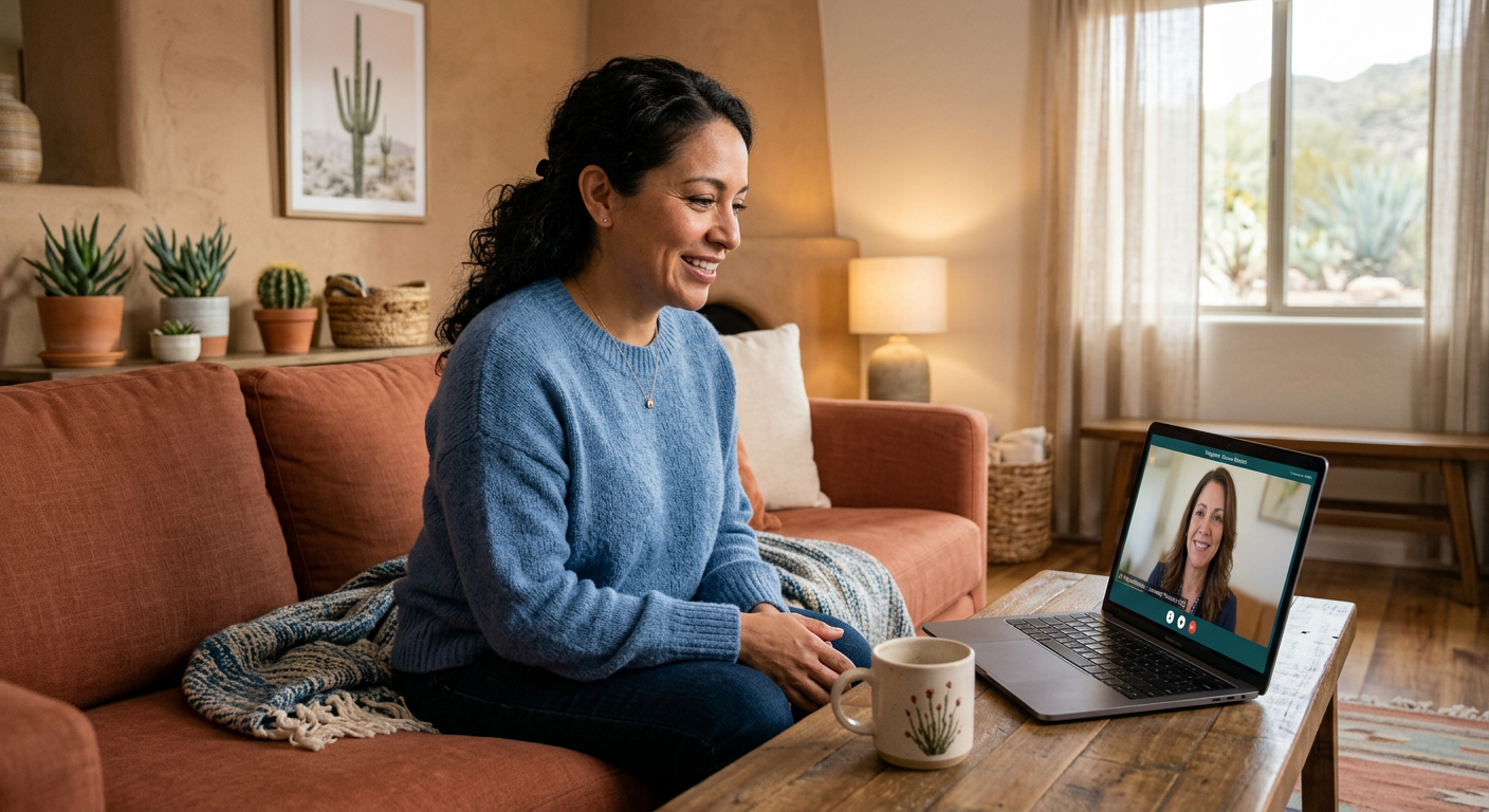 Modern, photorealistic interior scene of a Tucson adult sitting comfortably on a couch during a secure video therapy sessi...