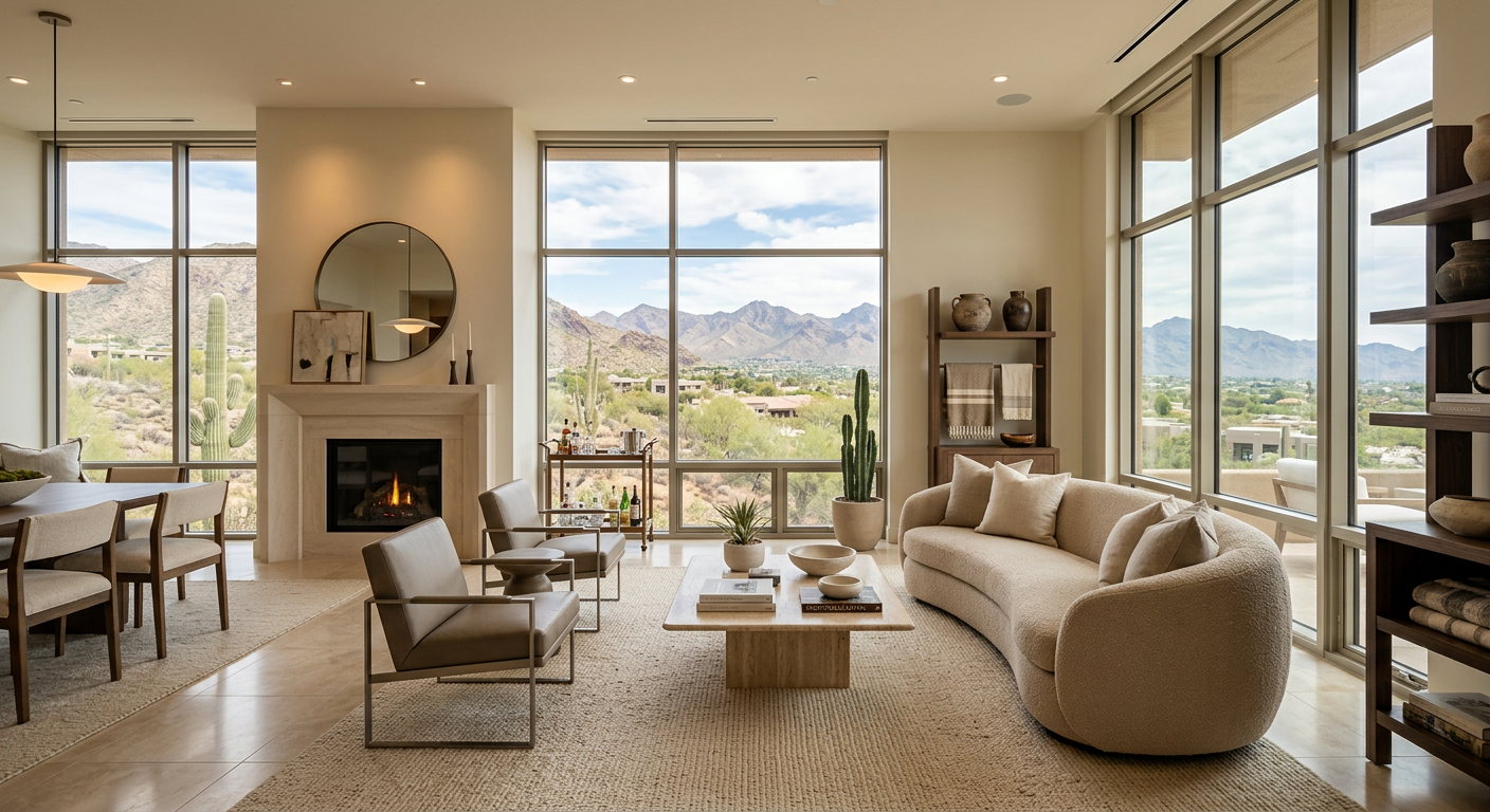 A photorealistic interior scene of a high-end Scottsdale condo living room with floor-to-ceiling windows, desert and mount...