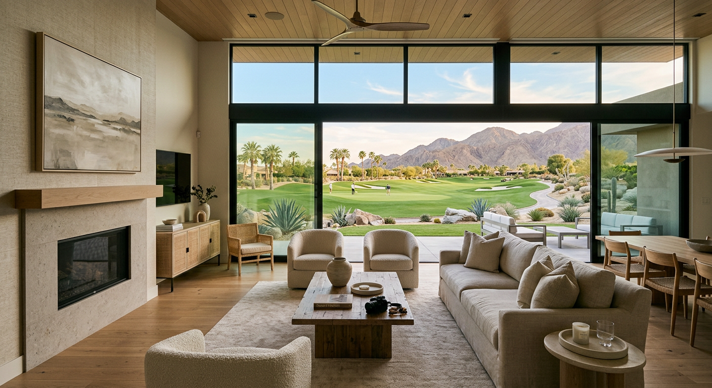 Modern vacation rental living room overlooking a desert golf course, with stylish neutral furnishings, large windows, a po...