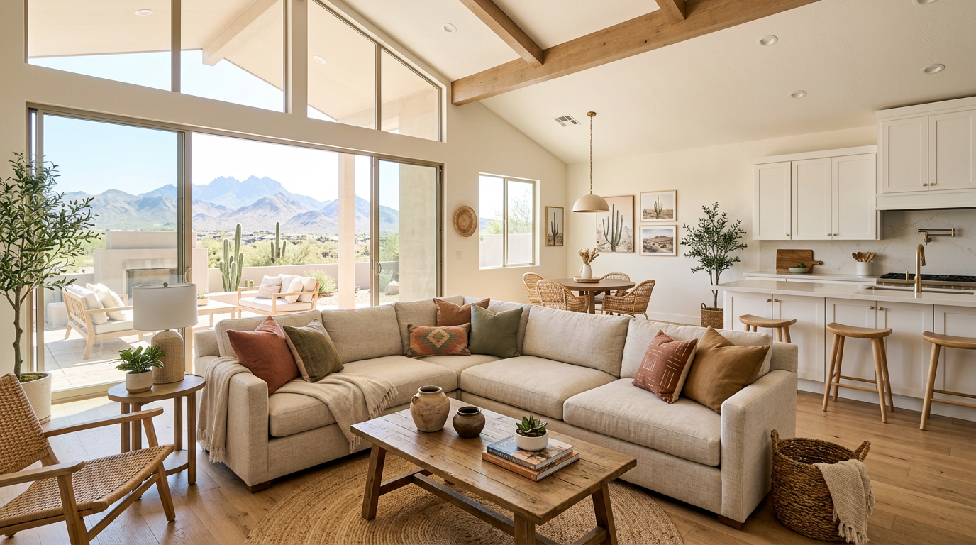 Modern editorial-style interior of a family vacation rental living room in Fountain Hills, bright natural light, comfortab...