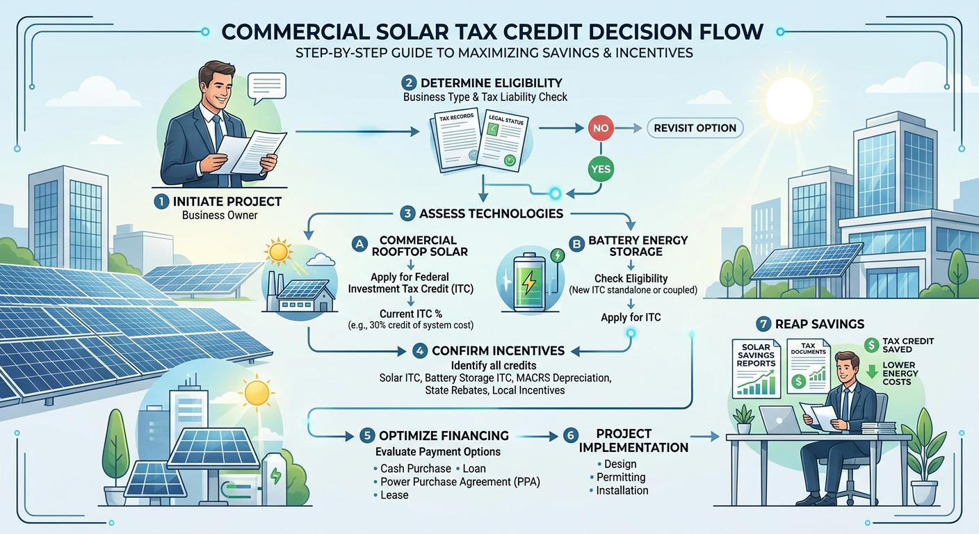 A modern infographic-style but still clean and polished visual of a commercial solar tax credit decision flow, showing roo...