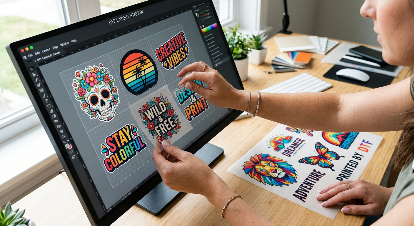Detailed in-content photorealistic close-up of hands arranging several colorful DTF designs on a digital layout screen nex...