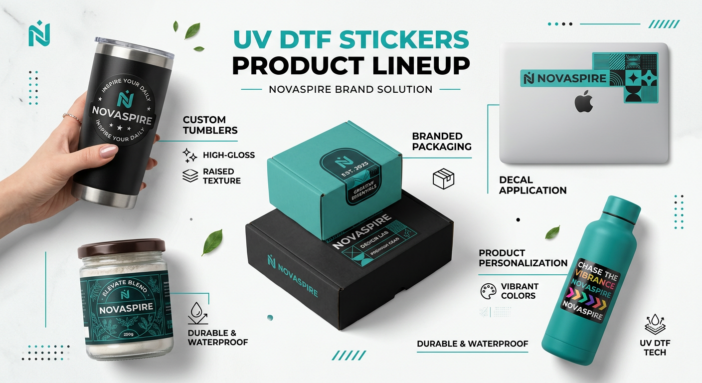 A modern infographic-style in-content visual showing a branded product lineup with UV DTF stickers on tumblers, boxes, jar...