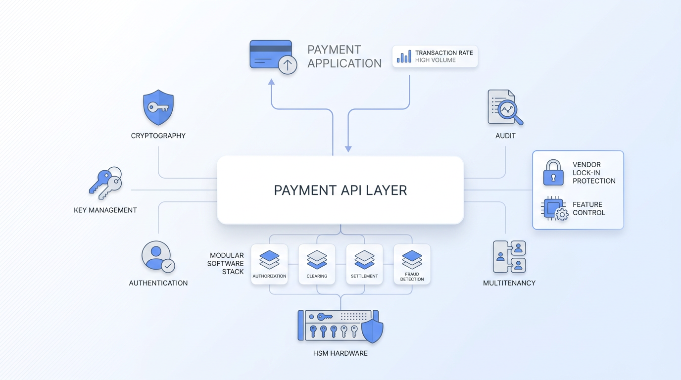 Flow diagram of a layered payment API architecture with central API Layer, icons for applications, hardware, and cryptography, on a light gradient background.
