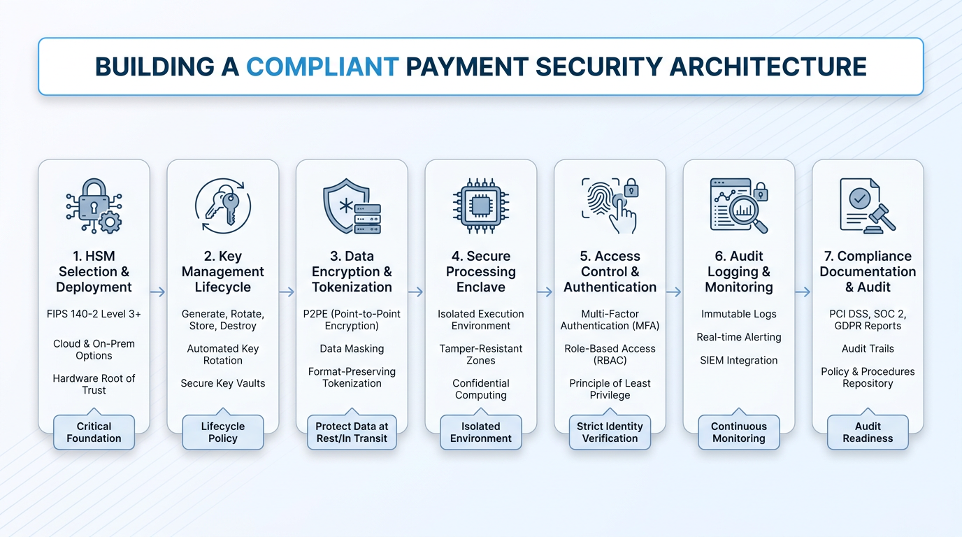 Flow diagram UI illustrating steps for building compliant payment security architecture, featuring soft edges and muted colors.