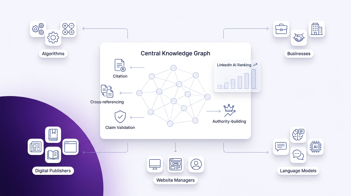 A clean SaaS diagram featuring a central white UI panel over a deep purple gradient, with blue line icons and ample negative space.