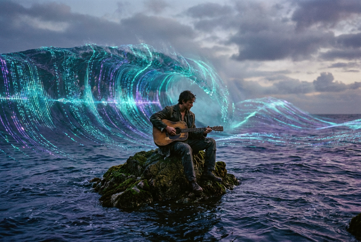 alt text for a conceptual illustration of a massive wave of colorful sound waves crashing against a small island where a lone musician plays guitar