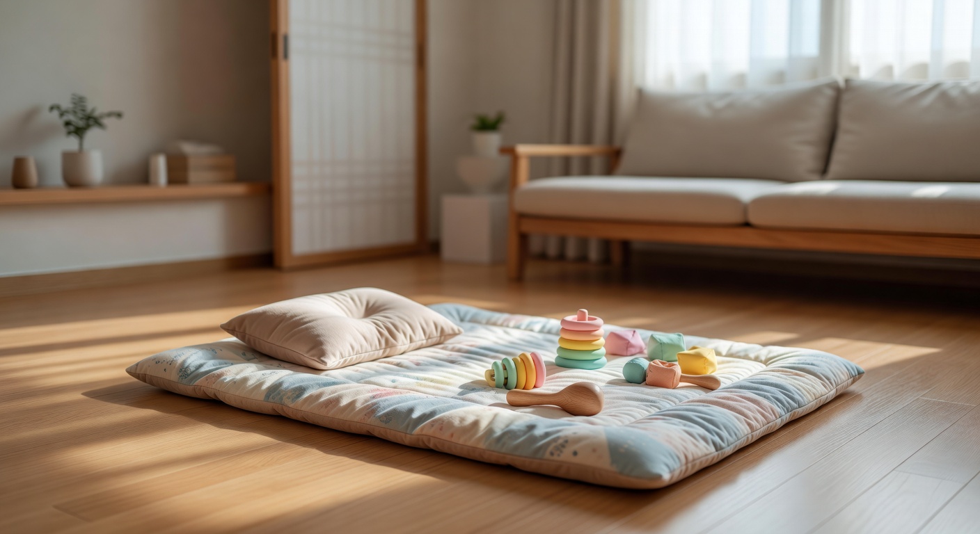 soft baby play mat with a small pillow and colorful toys on a wooden floor