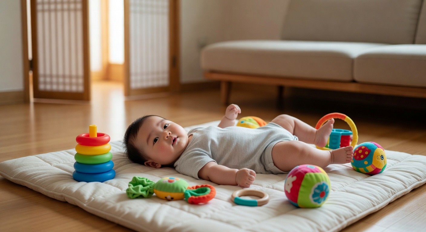 baby lying on a soft mat surrounded by colorful developmental toys