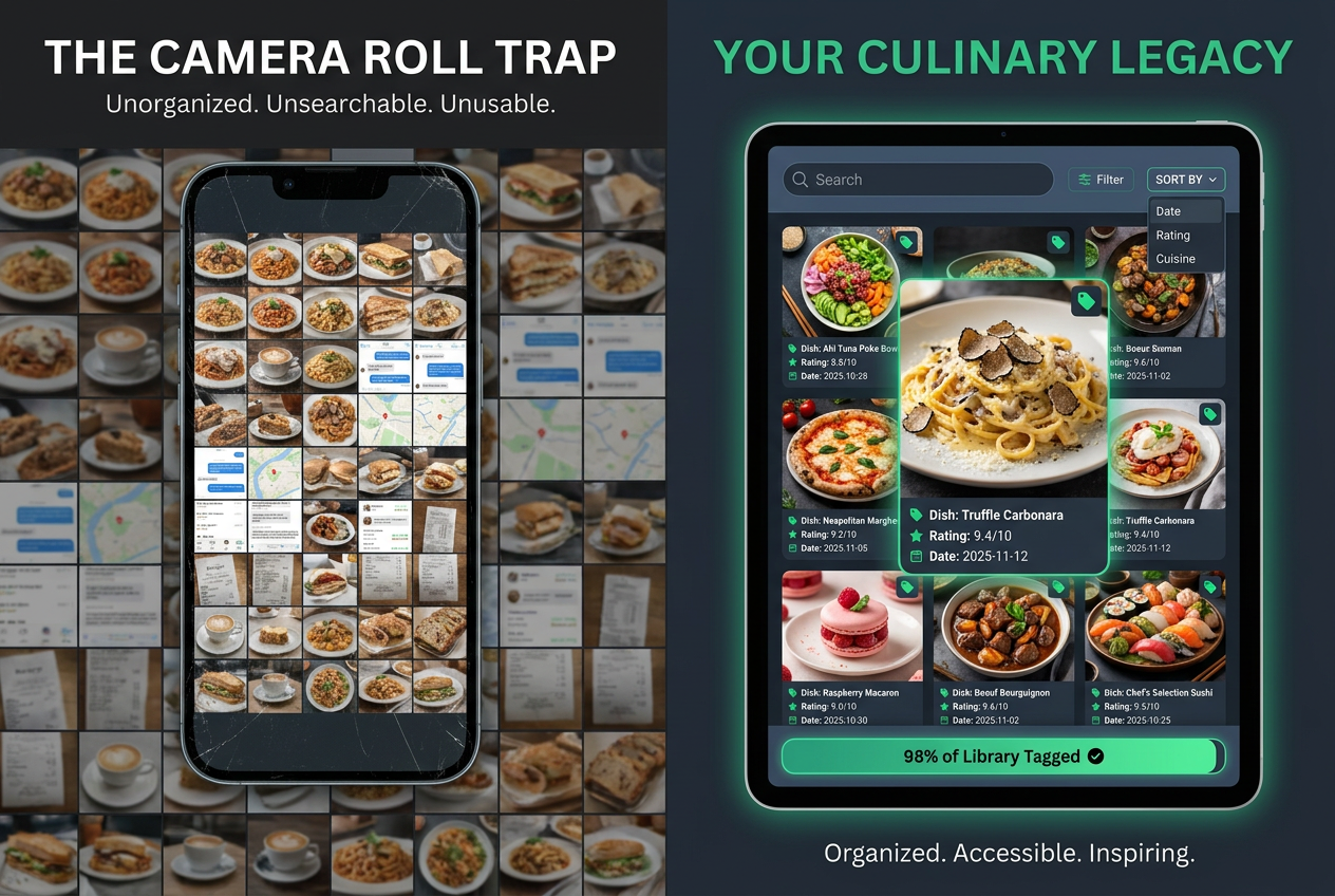 Comparison between a messy smartphone photo gallery and an organized restaurant tracking app with dish-level ratings and metadata tags.