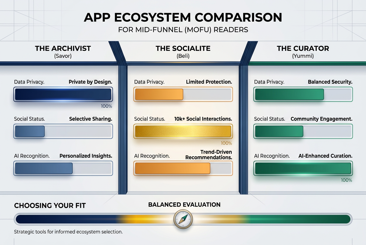 A comparison matrix showing how different restaurant tracking apps like Beli and Savor rank for privacy, social features, and AI capability.