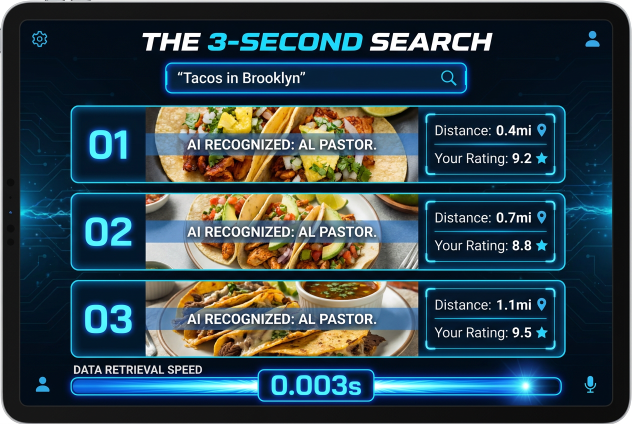 User interface mockup of an AI-powered food tracking app showing rapid search results for tacos and automated dish recognition technology.