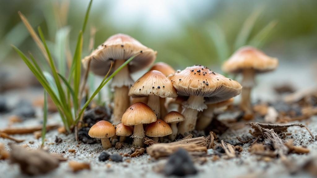 Psilocybe azurescens silvestre en hábitat de dunas y astillas de madera