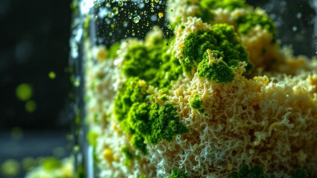 Trichoderma verde avanzando sobre sustrato de cultivo de setas