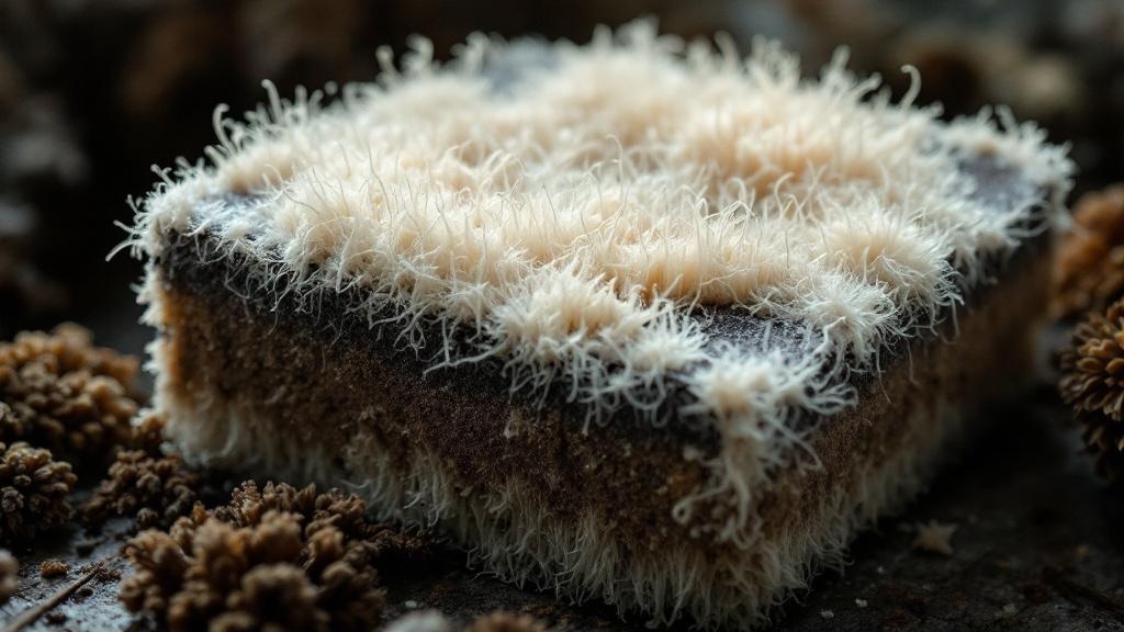 Cobweb mold hilos grises y aéreos sobre bloque de cultivo de setas