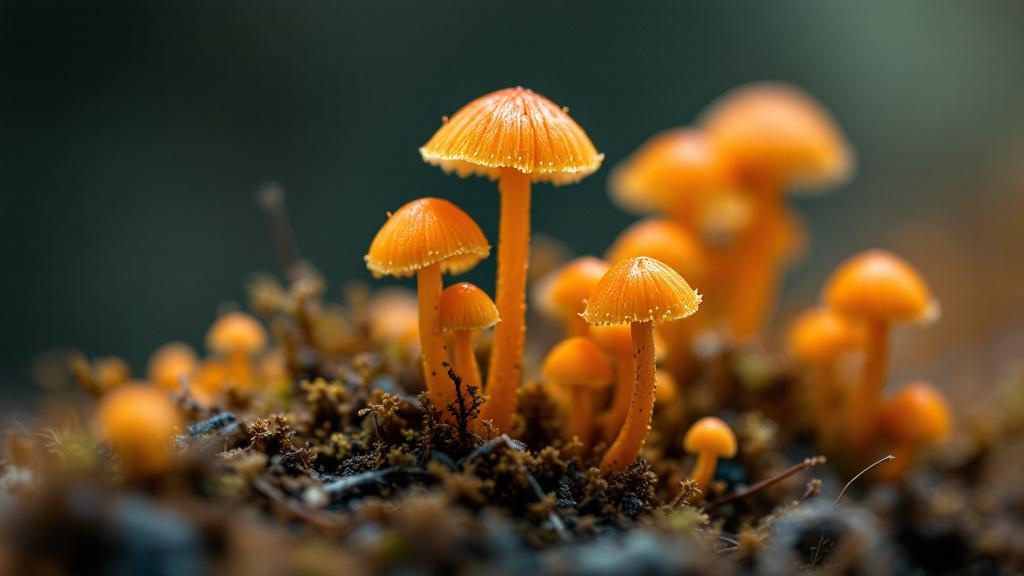 Cordyceps militaris cuerpos fructíferos naranjas alargados sobre sustrato