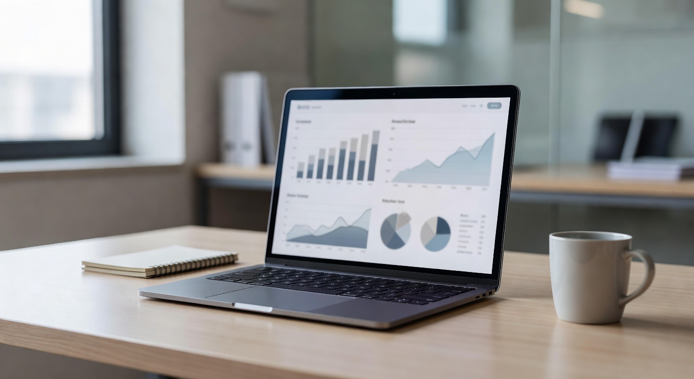 laptop screen displaying financial comparison website with charts on a clean desk