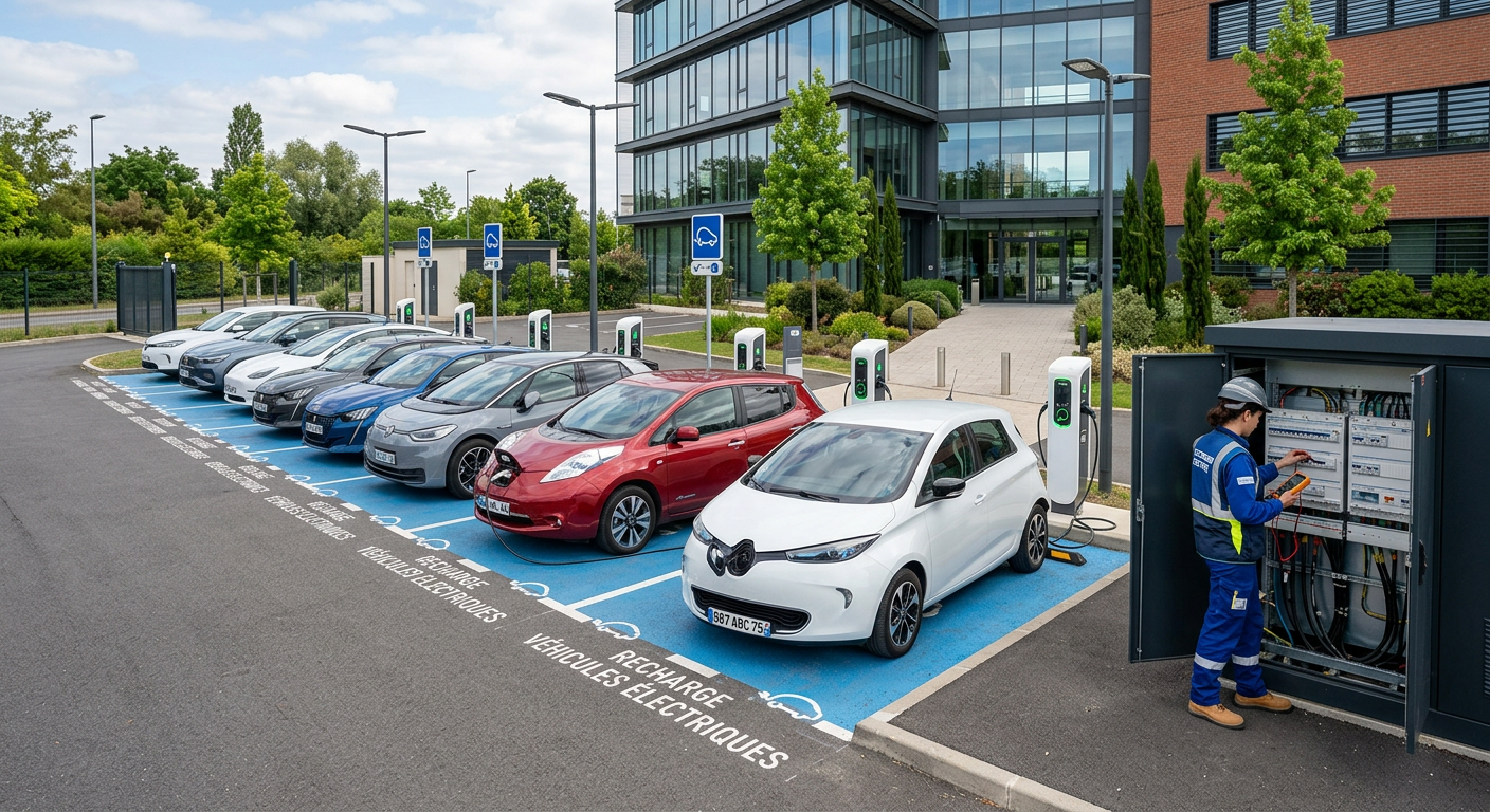 Installation IRVE dans un parking d'entreprise avec plusieurs véhicules en charge sur des bornes de recharge électrique modernes sous surveillance