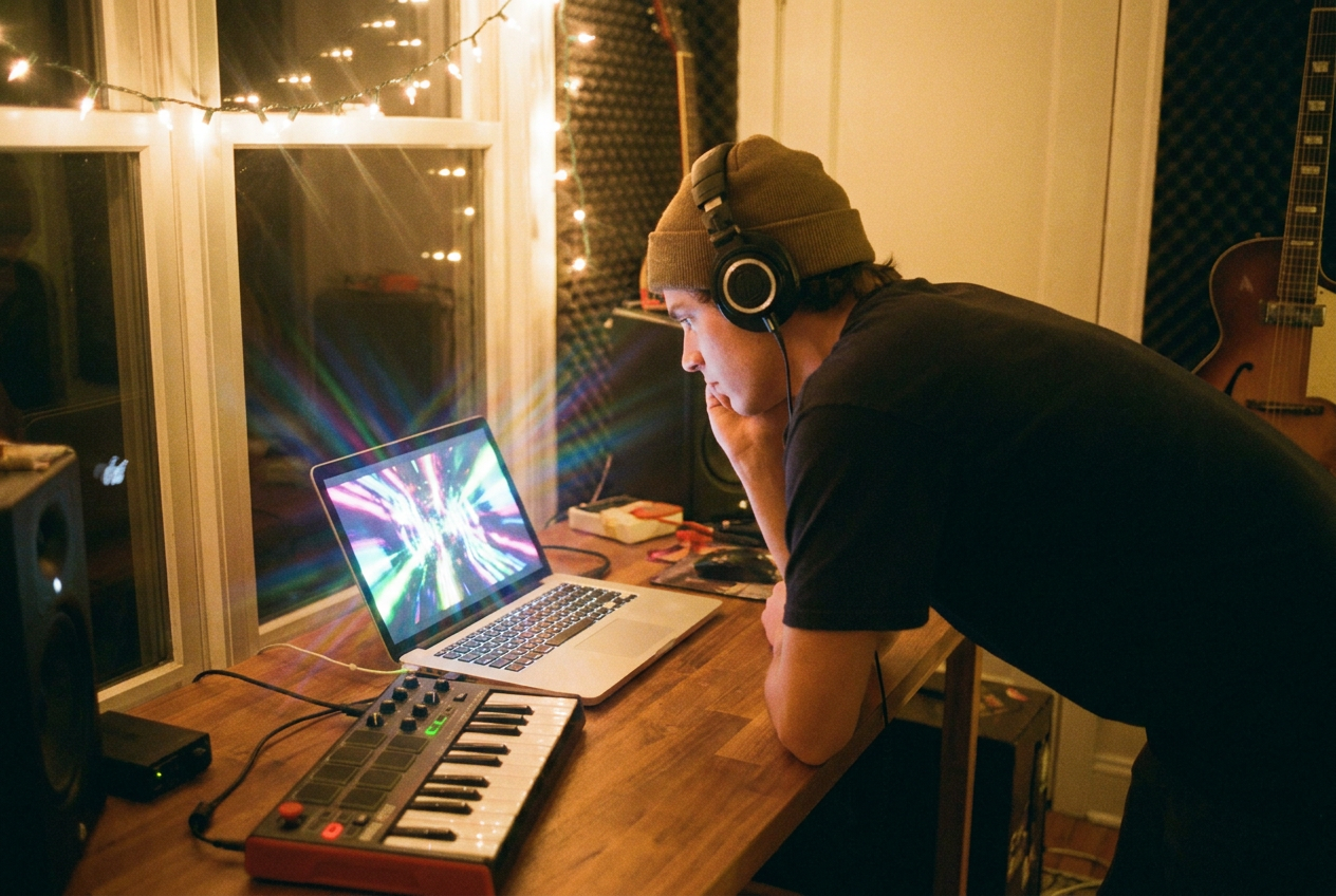 alt text for accessibility: A musician using AI tools to create a music video on their laptop