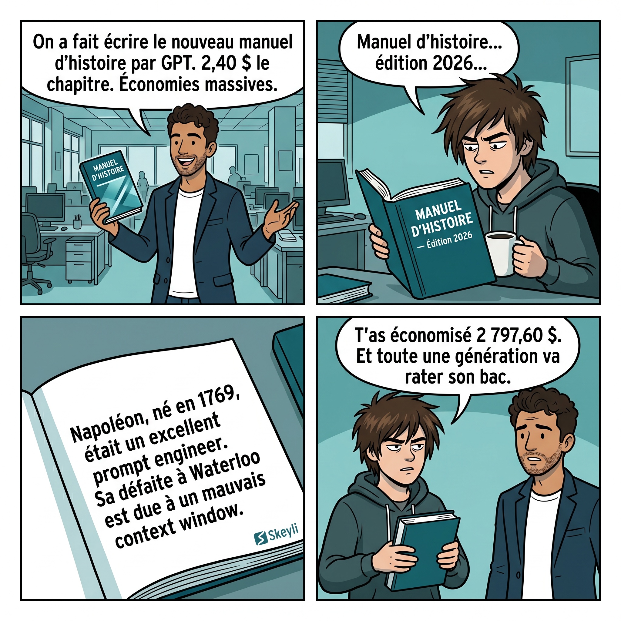 Hugo se félicite d'avoir fait écrire un manuel scolaire par ChatGPT à 2,40 $ le chapitre. Lucas ouvre le bouquin et découvre que Napoléon y est décrit comme prompt engineer.