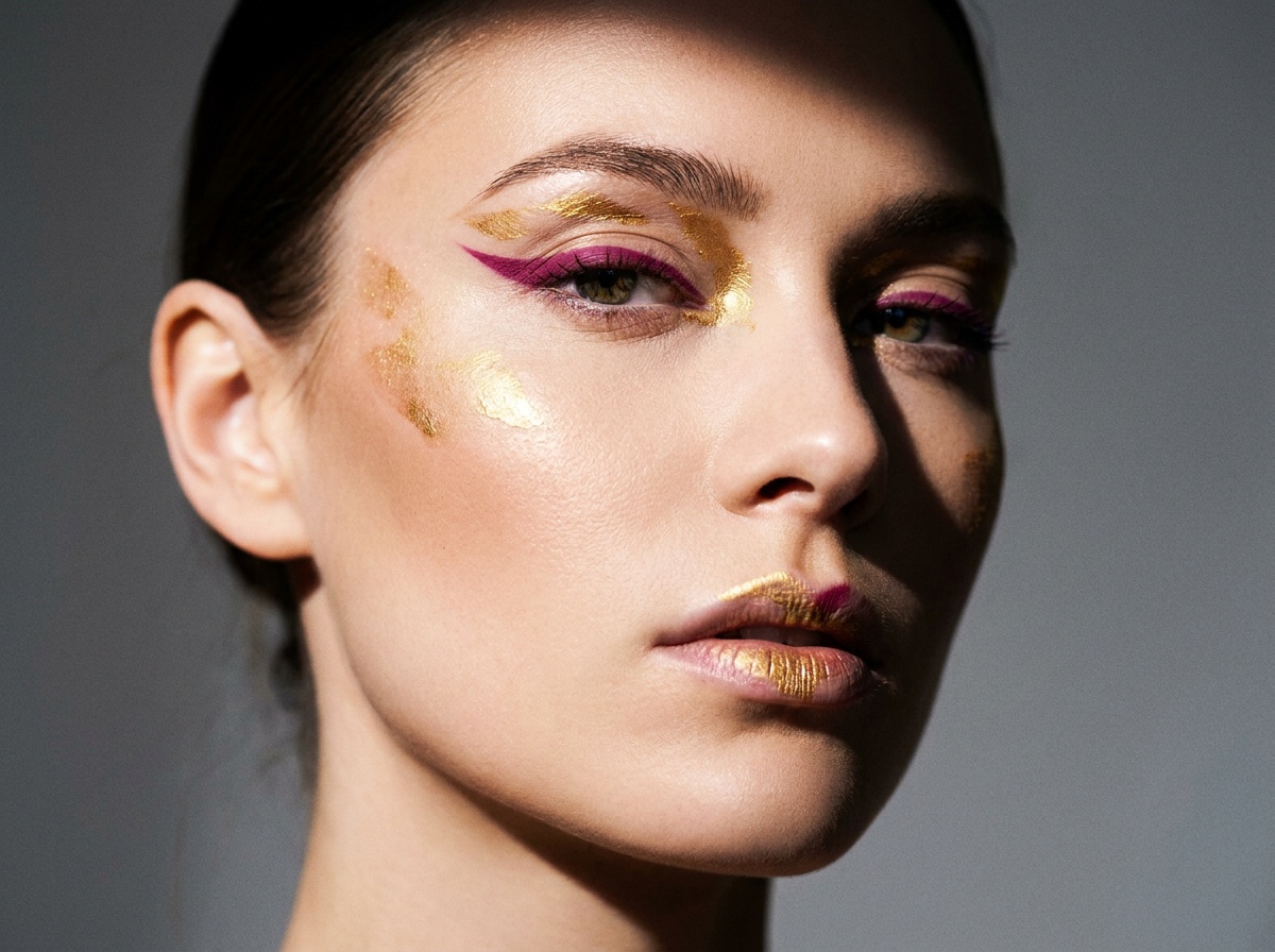 Une femme au regard audacieux portant un maquillage artistique dans les tons magenta.