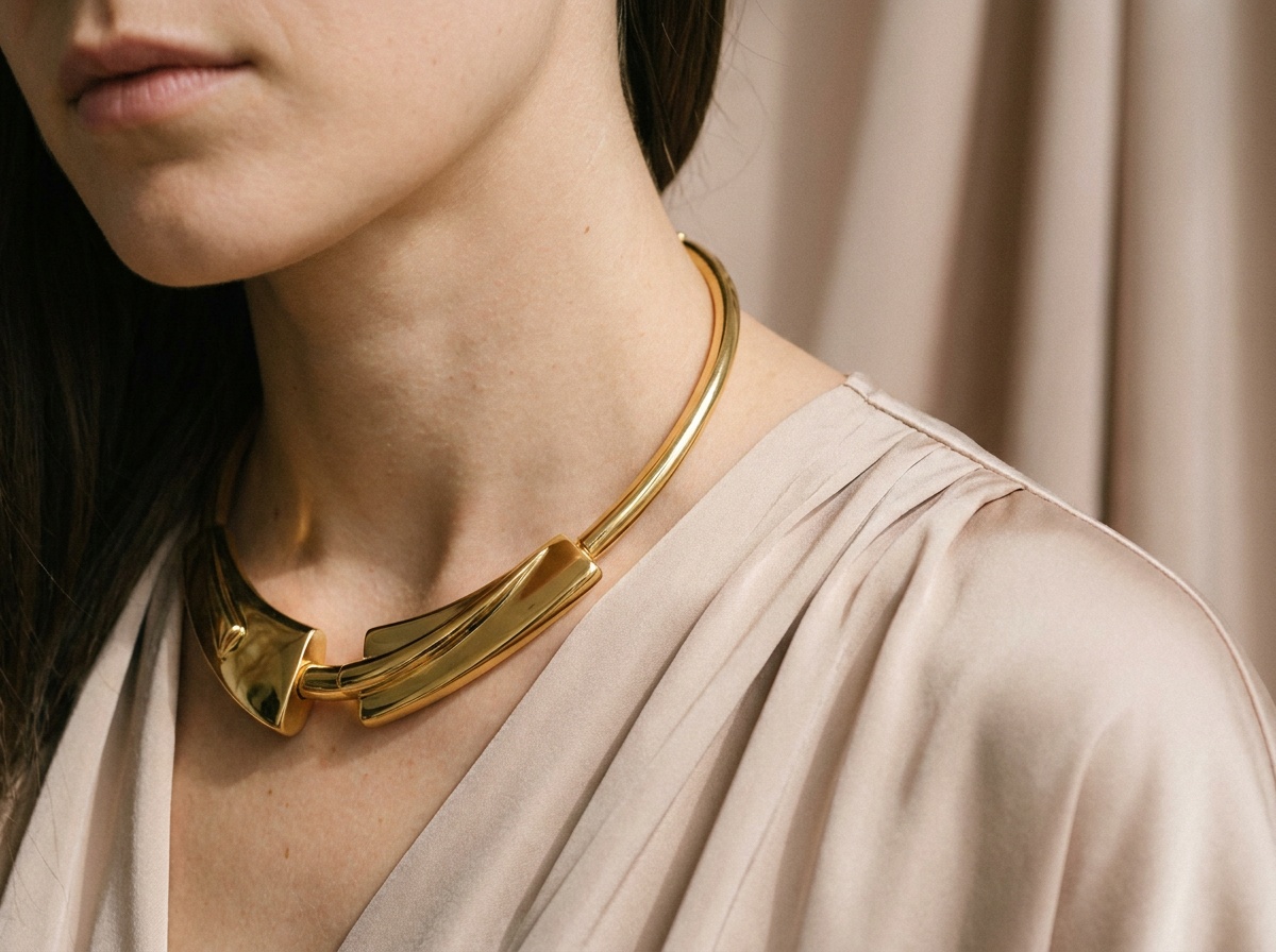Collier architectural en or porté sur un cou élégant.