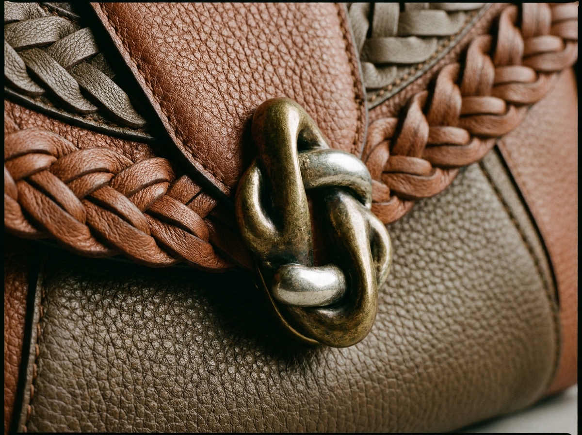 Détail d’un sac à main en cuir texturé avec une boucle métallique originale.