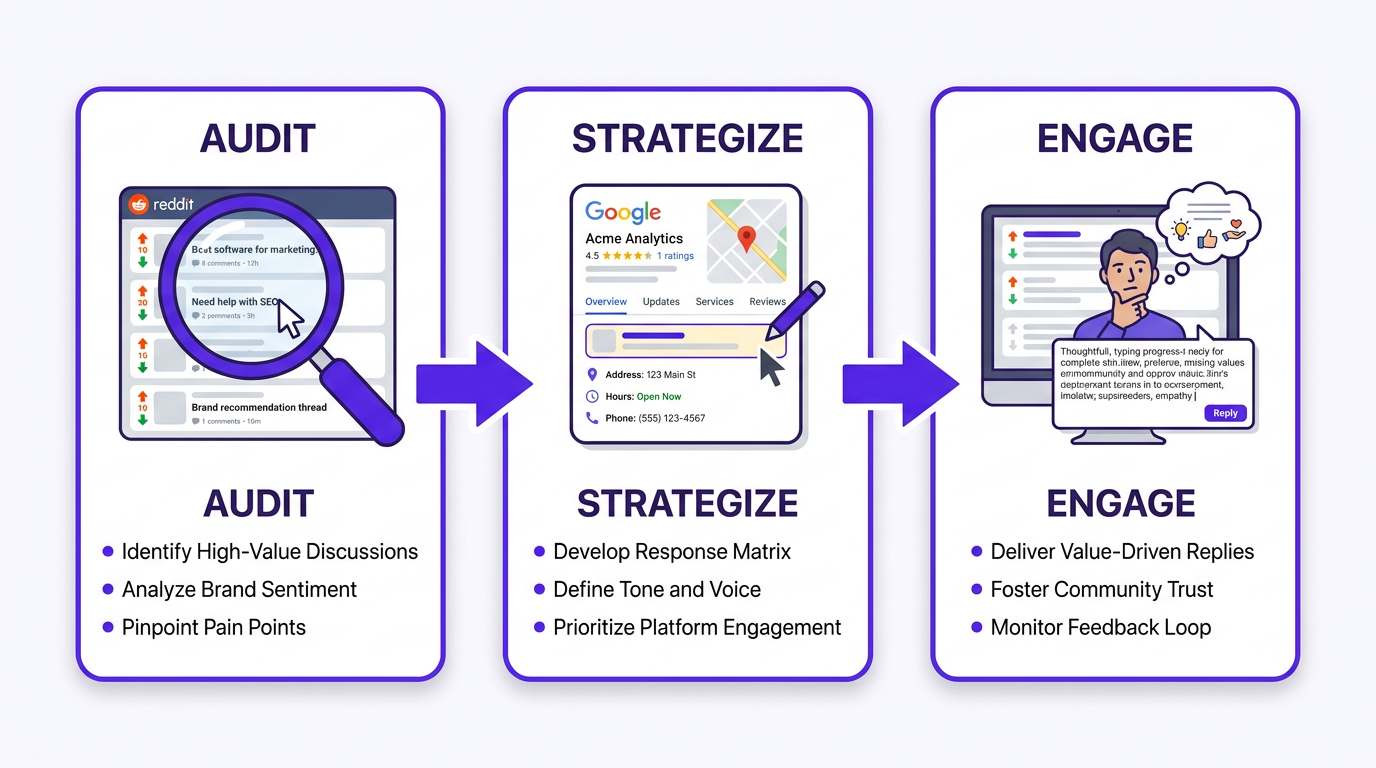 Reddit Google Business Profile optimization three-step process diagram