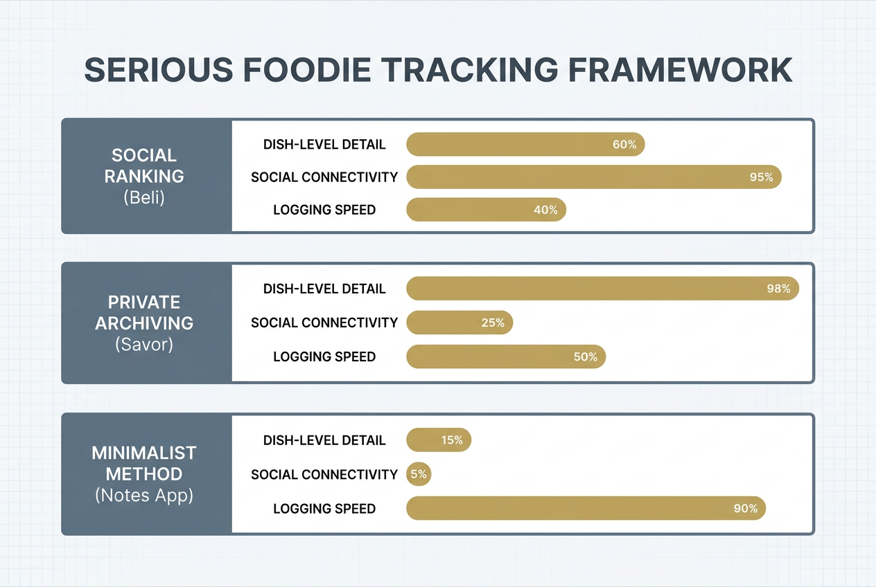 Comparison chart of restaurant tracking apps Beli, Savor, and Notes showing metrics for dish-level detail, social connectivity, and logging speed.