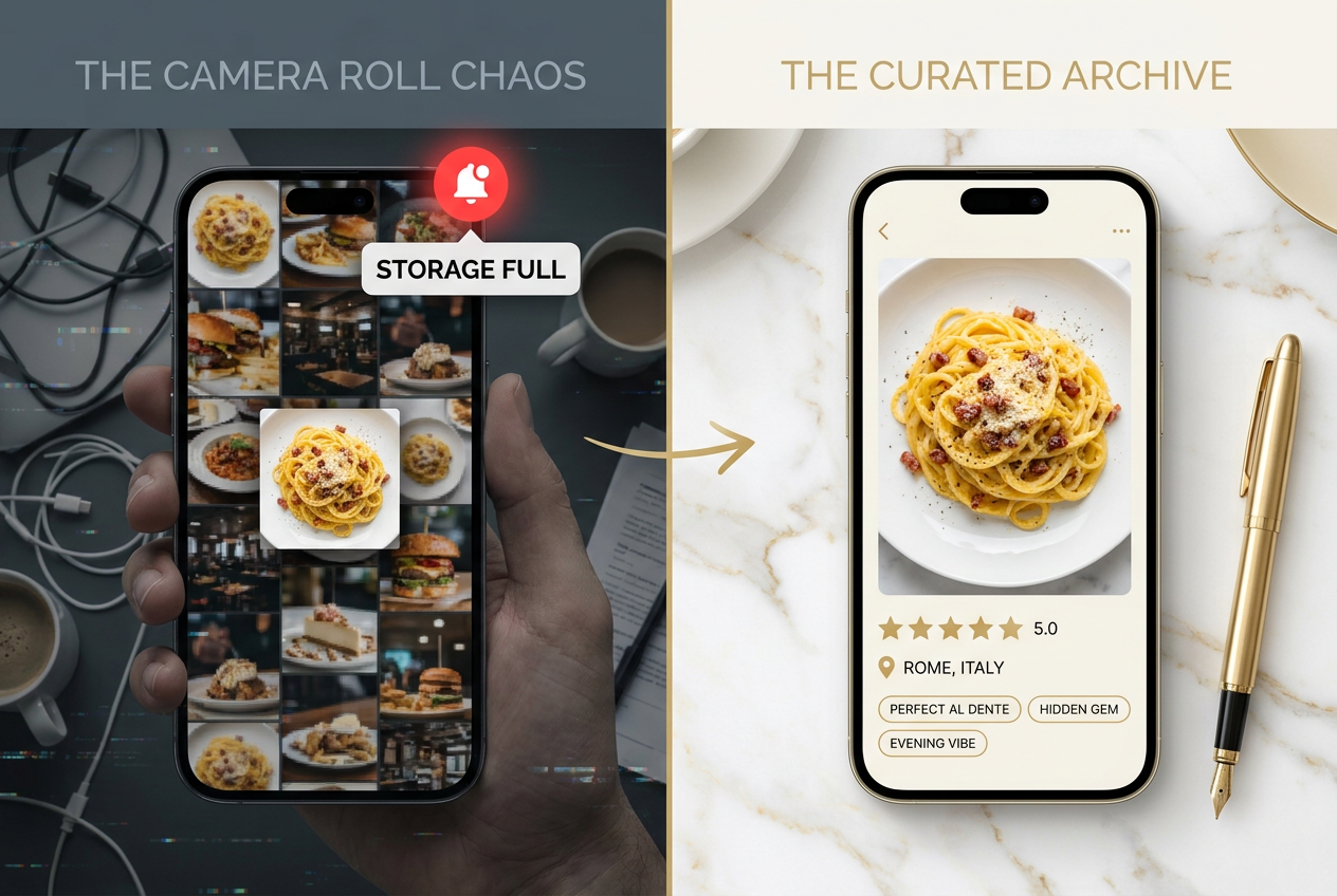 Comparison of a messy smartphone photo gallery versus a structured digital food archive showing pins on a map and categorized restaurant reviews.