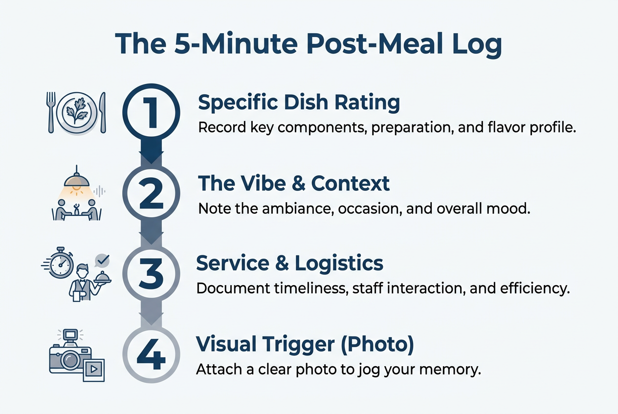 A step-by-step infographic showing the 5-minute post-meal log process for foodies, including dish ratings, vibe context, service, and photos.