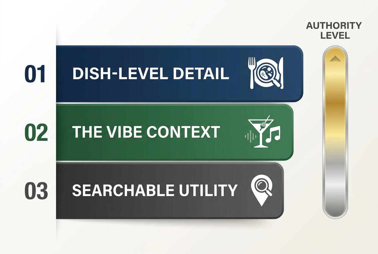 Infographic showing the three pillars of professional food reviewing: Dish-level detail, vibe context, and searchable map utility for foodies.