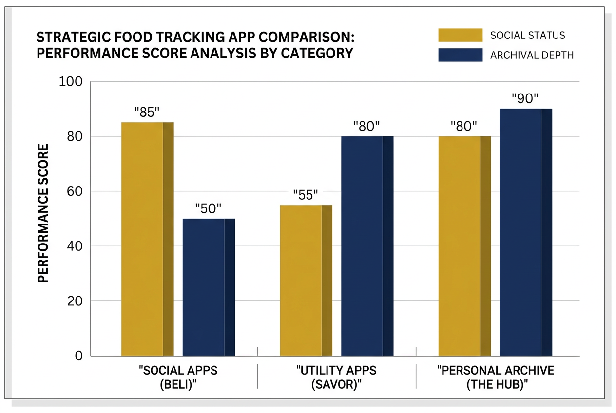 A bar chart comparing different food tracking applications based on social status and archival depth to help users choose the right platform.