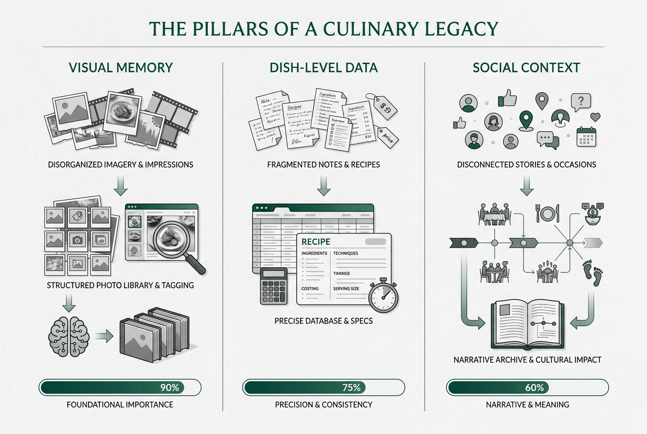 Architectural diagram illustrating the three pillars of restaurant curation: visual memory, dish-level data, and social context with progress bars.