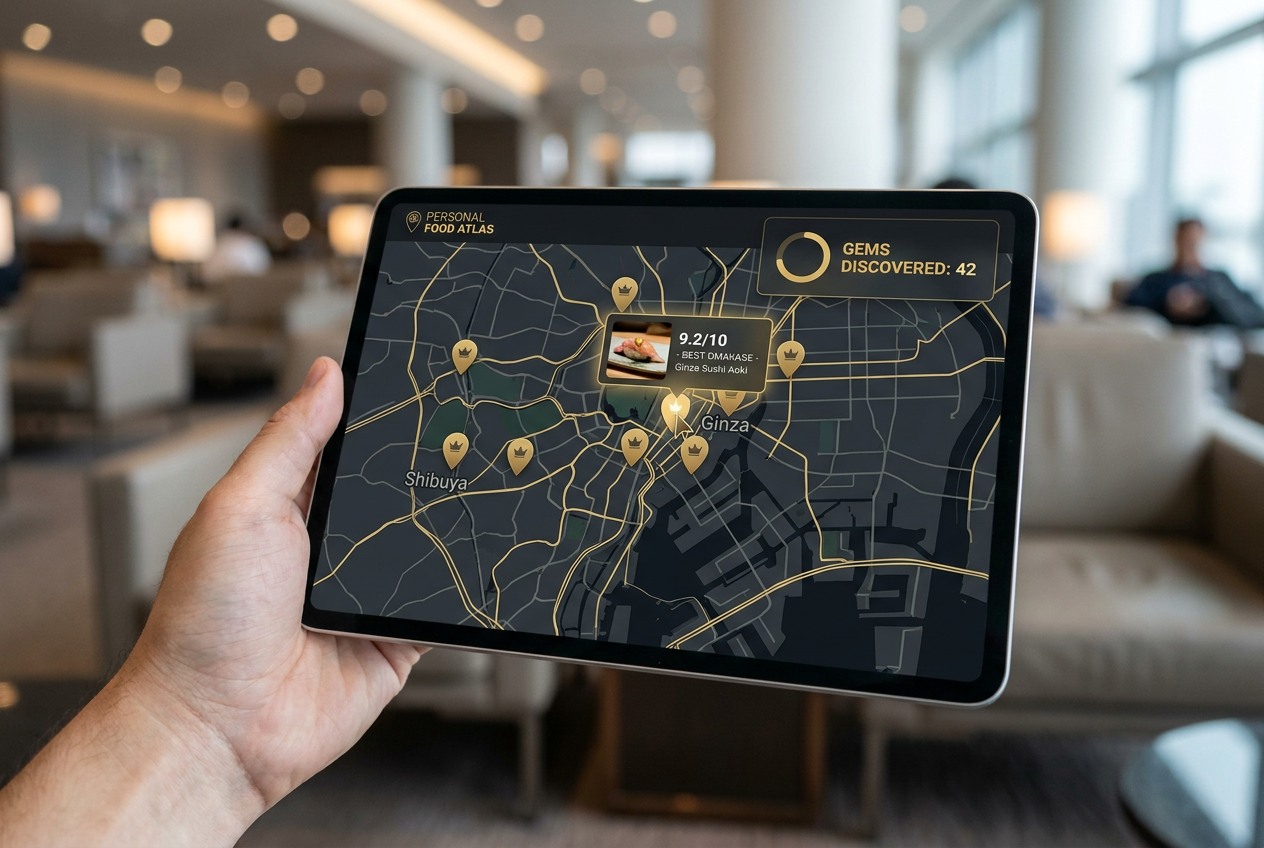 A digital map of Tokyo on a tablet showing curated food pins and ratings, representing a personal food archive for international travelers.