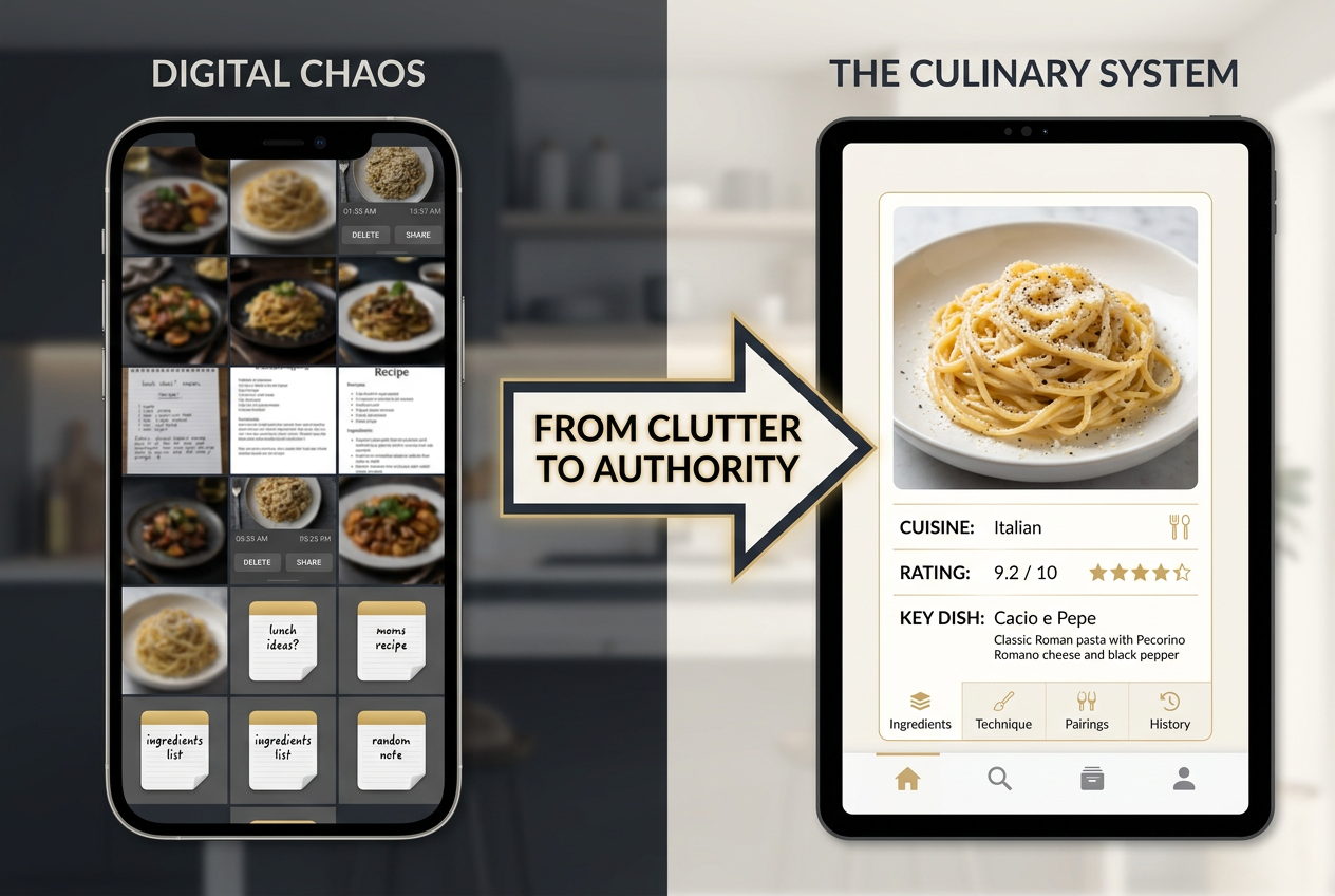 A comparison showing a messy phone camera roll versus an organized restaurant archive app with ratings and cuisine tags for a serious foodie.