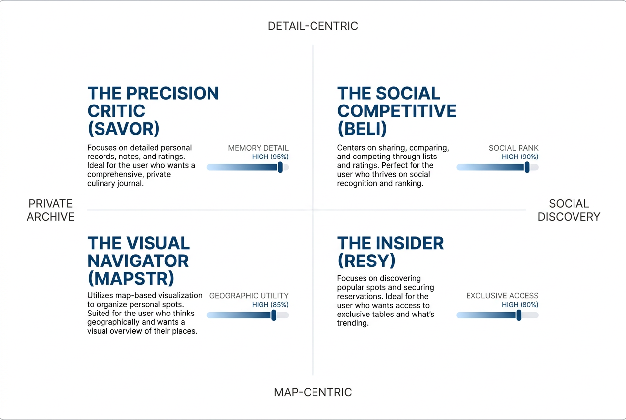 A quadrant chart mapping Beli, Savor, Mapstr, and Resy based on social discovery, private archiving, map utility, and detail-oriented features.