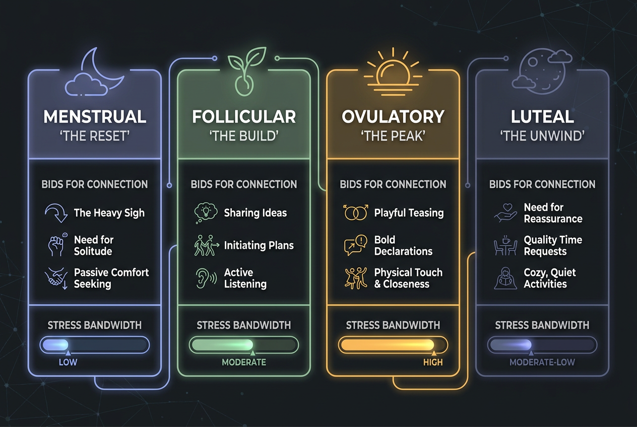 An infographic decoder showing the four phases of the menstrual cycle with specific attention cues and stress bandwidth indicators for partners.