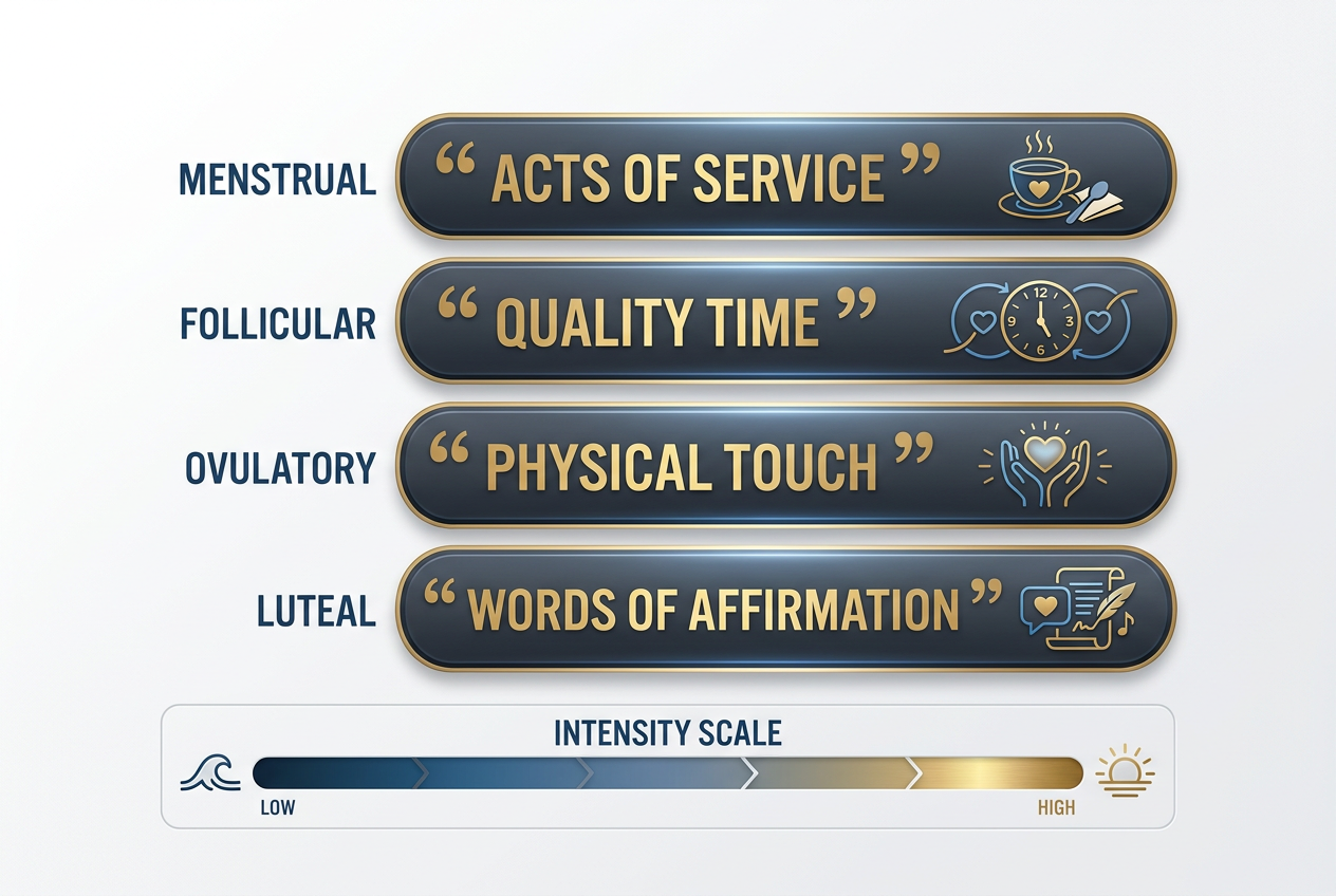 A horizontal bar chart showing how a partner’s primary love language - like Acts of Service or Physical Touch - shifts through each cycle phase.