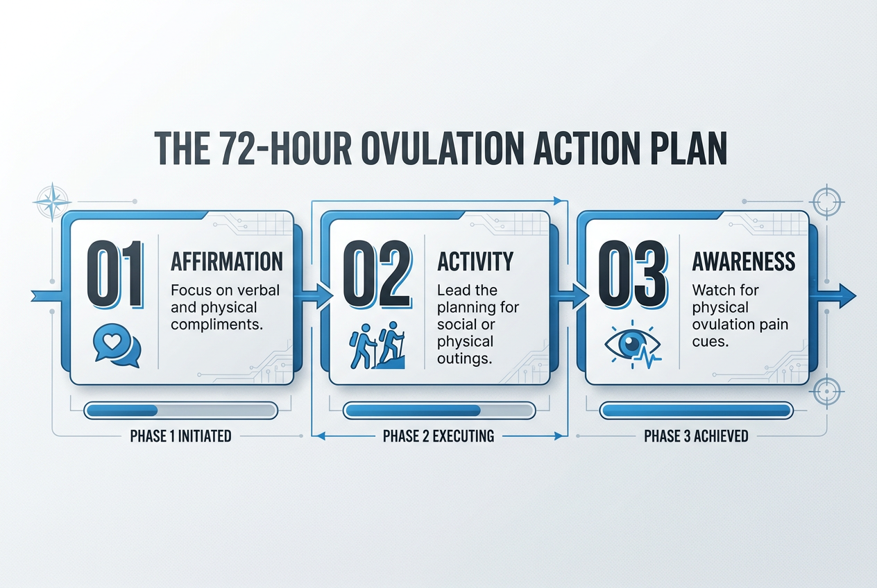 A three-step infographic for men outlining the Triple-A strategy of Affirmation, Activity, and Awareness for supporting a partner during ovulation.
